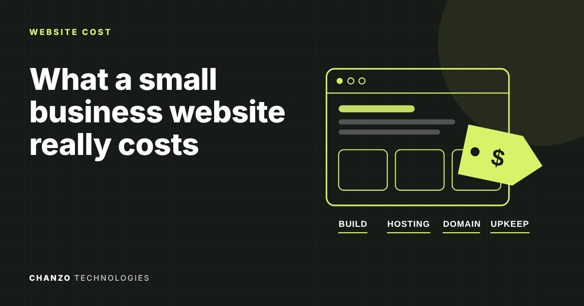 Browser window with a price tag and labels for build, hosting, domain and upkeep