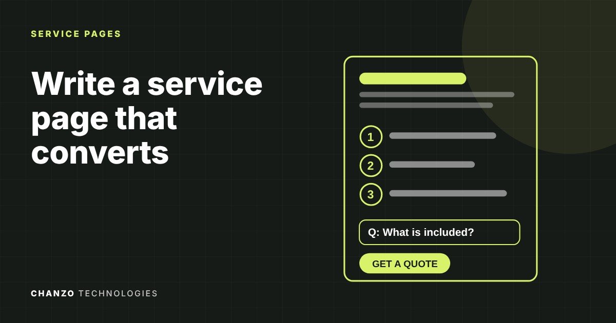 Service page wireframe with steps, a question and a quote button