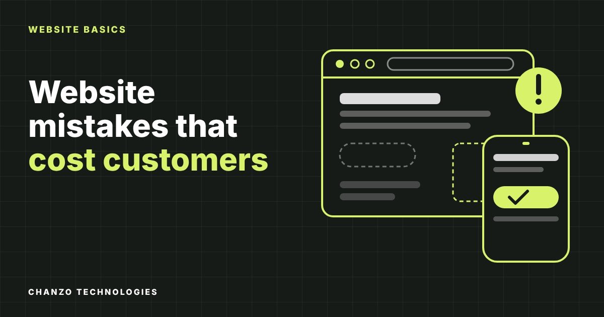 Illustration of a browser window with a warning badge and a phone showing a page with a tick, representing common website mistakes that cost local businesses customers.