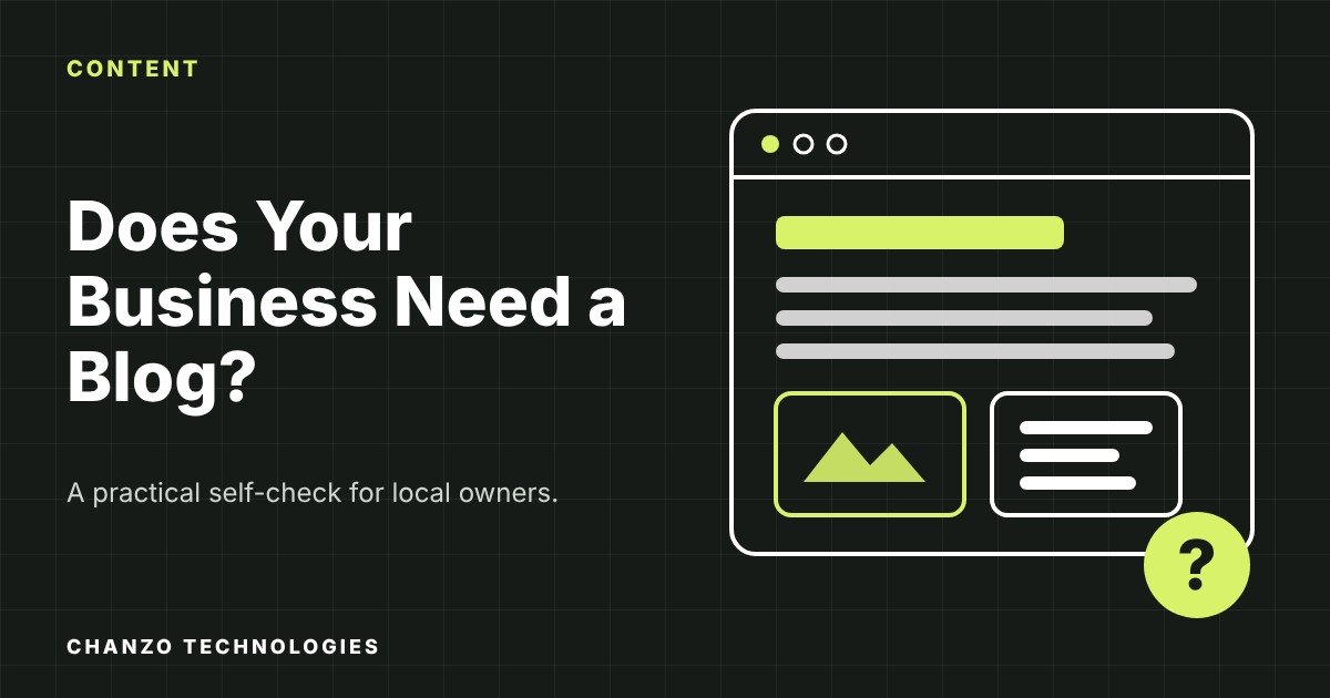 Illustration of a browser window with a blog layout and a lime question mark badge, beside the headline Does Your Business Need a Blog?