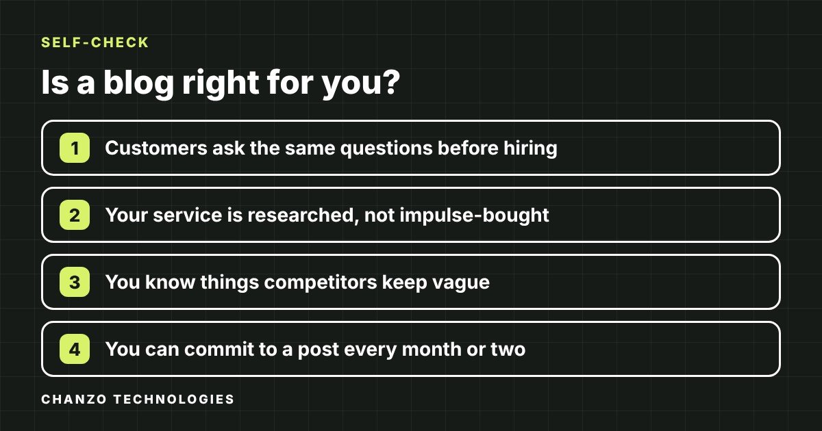 Four-point self-check card: customers ask the same questions, service is researched, you know things competitors keep vague, you can post monthly or bi-monthly