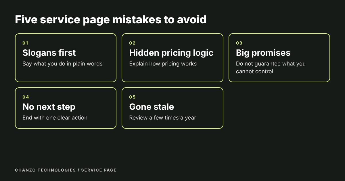 Five boxes listing common service page mistakes